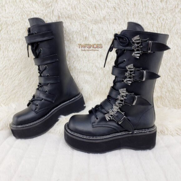 Goth Platform Combat Boots Bat Buckle Straps Emily 322 - Picture 2 of 13